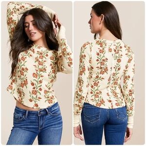 Free People Pretty Little Thermal Floral Print Long Sleeve Top Cream and Red XS
